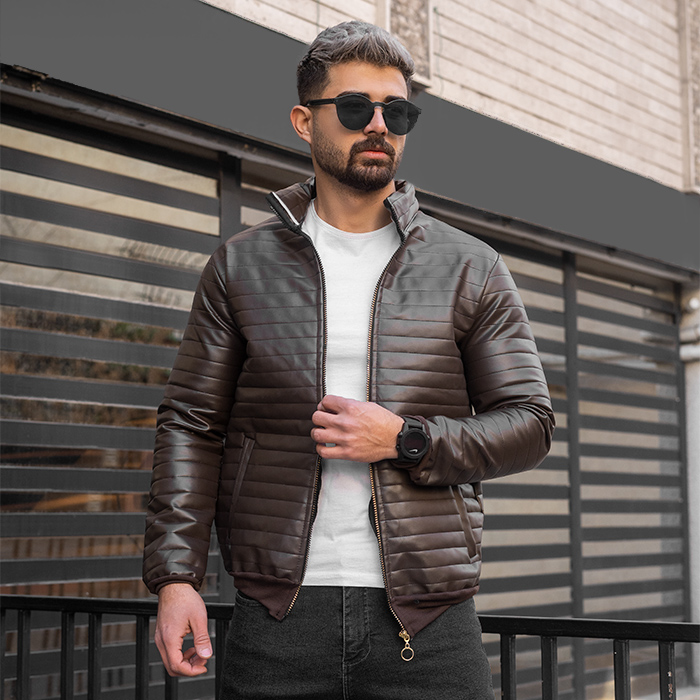 کاپشن چرم مردانه قهوه ای مدل TIMER