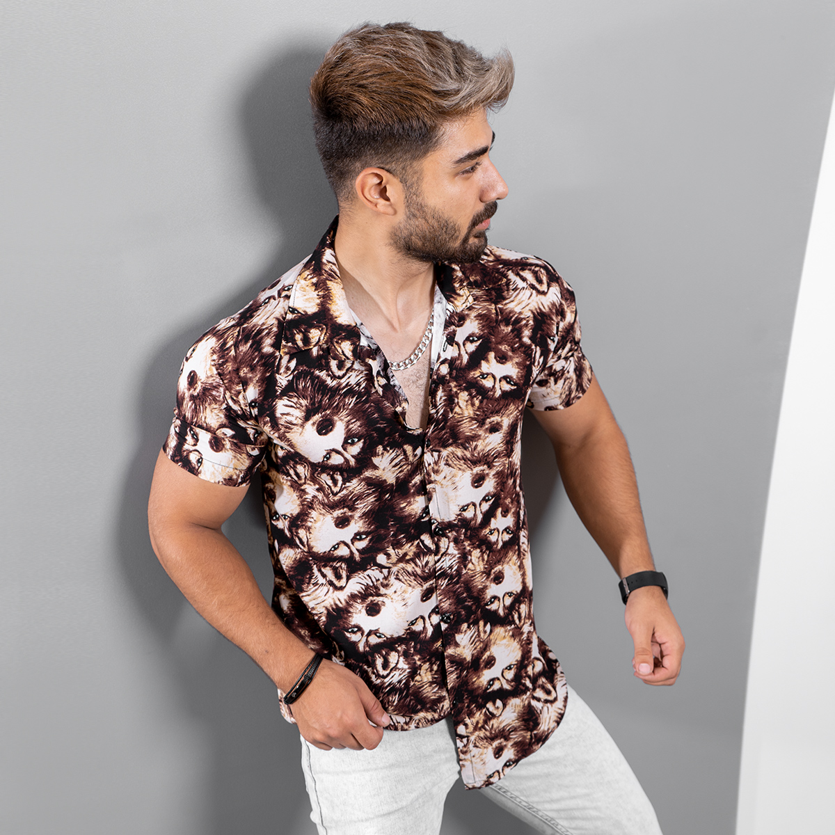 پیراهن هاوایی مردانه مدل Wolf