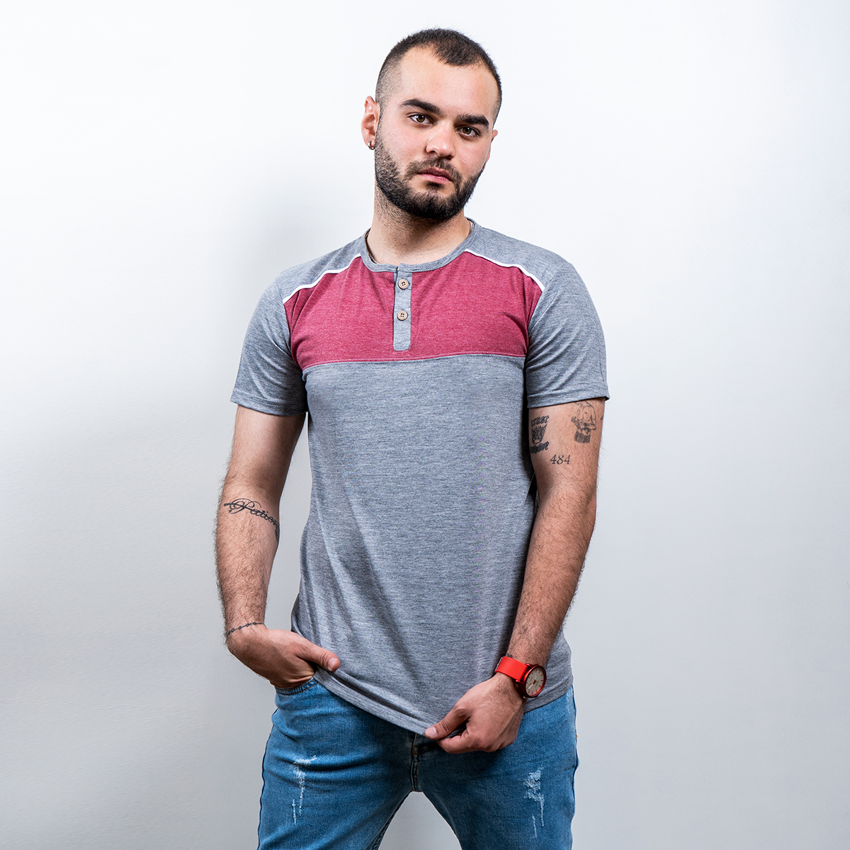 تیشرت مردانه طوسی تیره زرشکی مدل Ratim(T)